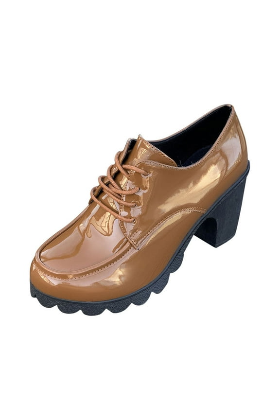 Ladys Oxford Shoes Chunky Heel Flatform Wingtips Toe Lace up Patent Leather Fashion Retro Elegant Classic Leather Brogues Shoes Strappy Chunky Heel High Heels Solid Pump Shoes Brown