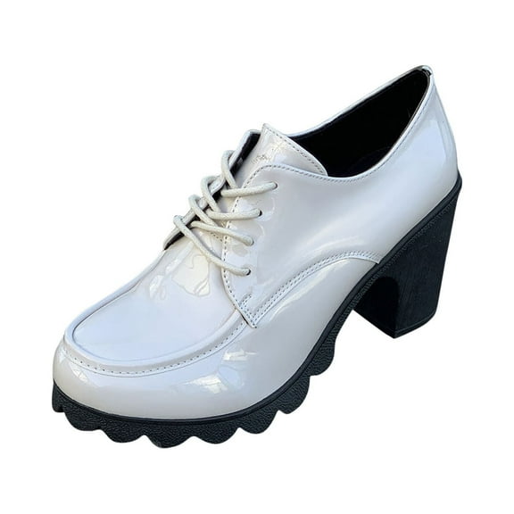 Xfvqtps Ladys Oxford Shoes Chunky Heel Flatform Wingtips Toe Lace up Patent Leather Fashion Retro Elegant Classic Leather Brogues Shoes Strappy Chunky Heel High Heels Solid Pump Shoes White