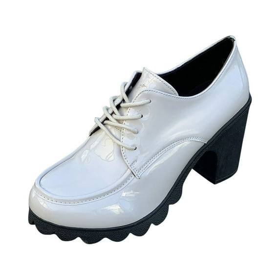 Xfvqtps Ladys Oxford Shoes Chunky Heel Flatform Wingtips Toe Lace up Patent Leather Fashion Retro Elegant Classic Leather Brogues Shoes Strappy Chunky Heel High Heels Solid Pump Shoes White
