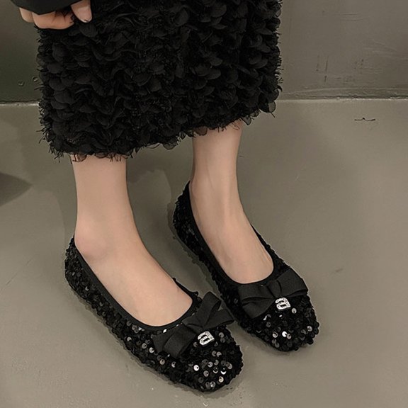 Xfvqtps Ladys Single Shoes Bling Glitter Bowknot Rhinestone Soft Sole Square Toe Princess Dressy Ballet Shoes French Temperament Shallow Mouth Fashion Flat Shoes Black
