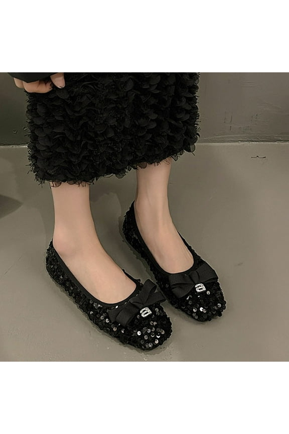 Ladys Single Shoes Bling Glitter Bowknot Rhinestone Soft Sole Square Toe Princess Dressy Ballet Shoes French Temperament Shallow Mouth Fashion Flat Shoes Black