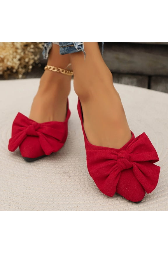 Ladys Single Shoes Bowknot Suede Surface Pointy Toe Flat Bottom Soft Sole Fashion Work Casual Shoes New Large Size Shallow Mouth Slip on Flat Shoes Red