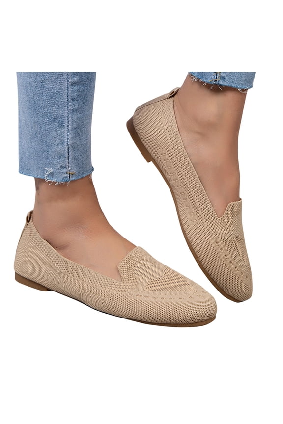 Xfvqtps Ladys Single Shoes Knit Soft Sole Round Toe Flat Bottom Slip on Low Wedge Comfortable Breathable Walking Mesh Casual Shoes Beige