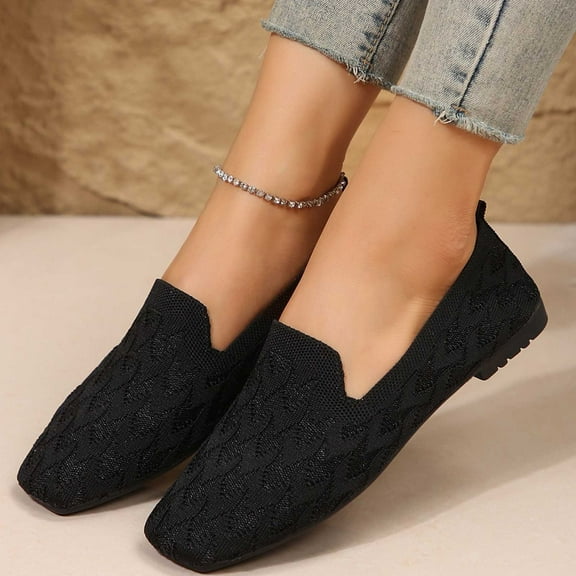 Xfvqtps Ladys Single Shoes Knit Square Toe Flat Bottom Solid Color Breathable Comfortable Mesh Casual Shoes Fashion Ventilate Ballet Shoes Black