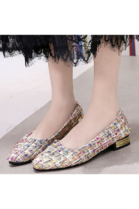 Ladys Single Shoes Large Size Plaid Print Design Pointy Toe Low Heel Princess Dressy Flat Shoes Spring and Summer Shallow Mouth Casual Shoes White