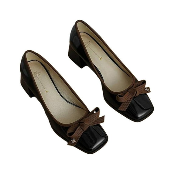 Xfvqtps Ladys Single Shoes Mid Heel Square Toe Bow Rhinestone Grace Retro Chunky Heel Gentle Patent Leather Shoes Black
