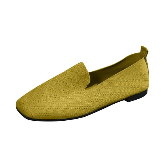Xfvqtps Ladys Single Shoes Stripe Hollow out Knitting Square Toe Flat Bottom Soft Sole Retro Work Casual Mesh Shoes Large Size Shallow Mout Slip on Flat Shoes Khaki