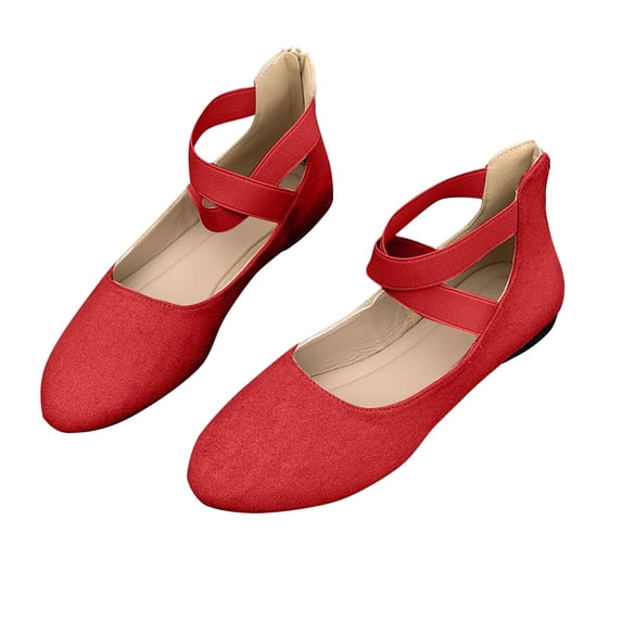 Xfvqtps Ladys Single Shoes Suede Surface Elastic Ankle Strap Soft Sole Pointy Toe Flats Bottom Ballet Rear Ankle Zipper Shoes New Large Size Shallow Mouth Elastic Flat Shoes Red