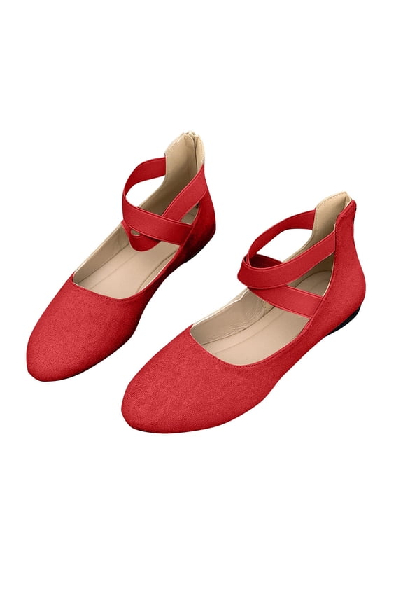 Ladys Single Shoes Suede Surface Elastic Ankle Strap Soft Sole Pointy Toe Flats Bottom Ballet Rear Ankle Zipper Shoes New Large Size Shallow Mouth Elastic Flat Shoes Red