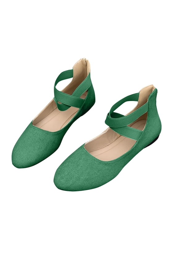 Ladys Single Shoes Suede Surface Elastic Ankle Strap Soft Sole Pointy Toe Flats Bottom Ballet Rear Ankle Zipper Shoes New Large Size Shallow Mouth Elastic Flat Shoes Green