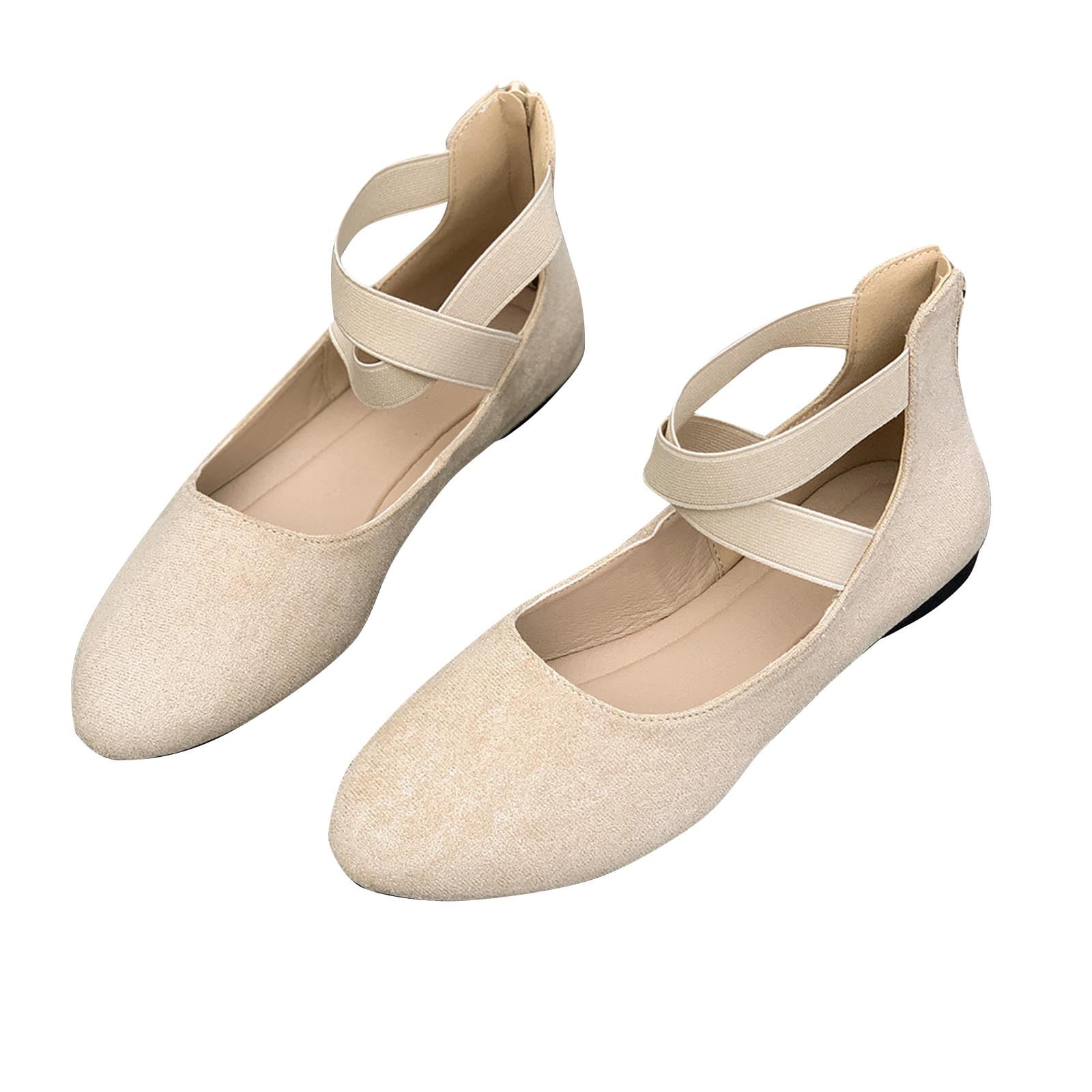 Zapatos planos de mujer, superficie de gamuza, tobillera elástica, suela suave, punta puntiaguda, bailarinas, cierre trasero con cremallera, talla grande, boca poco profunda, elásticos, color beige