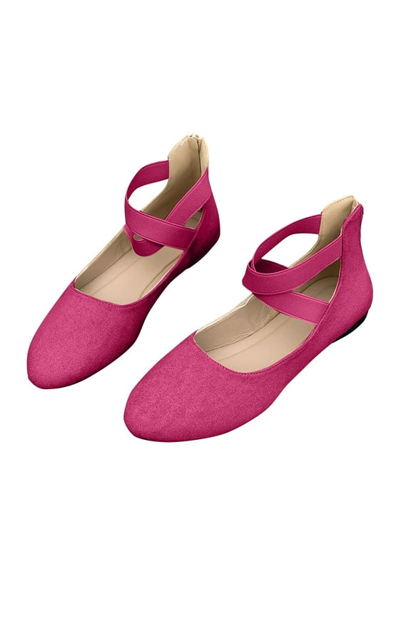 Ladys Single Shoes Suede Surface Elastic Ankle Strap Soft Sole Pointy Toe Flats Bottom Ballet Rear Ankle Zipper Shoes New Large Size Shallow Mouth Elastic Flat Shoes Hot Pink