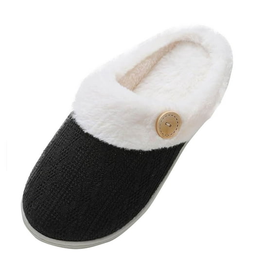 Xfvqtps Large Size Fuzzy Slippers for Womens Button Faux Fur Lined Rubber Sole Solid Color Simplicity Rubber Sole Non Slip Comfortable Bedroom Cozy Indoor Outdoor Cotton Slippers Black