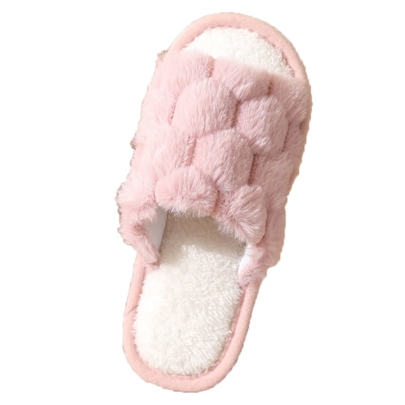 Xfvqtps Large Size Fuzzy Slippers for Womens Open Toe Grid Pattern Slip on Solid Color Fluffy Plush Thick Bottom Non Slip Cozy Indoor Outdoor House Warm Winter Fluffy Slippers Pink