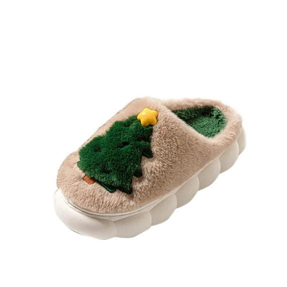 Xfvqtps Large Size Womens Christmas Fuzzy Slippers Fluffy Slippers Christmas Tree Print Memory Foam Thick Bottom Non Slip Indoor Outdoor House Warm Winter Cozy Slippers Khaki