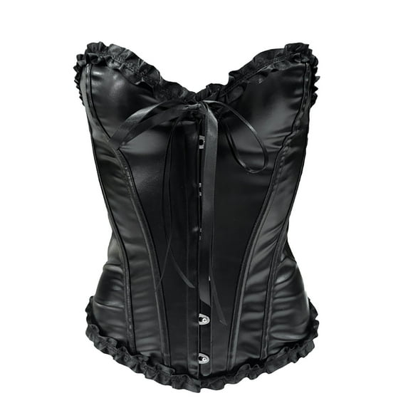 Xfvqtps Leather Corsets for Women Front Straps Lace Boned Overbust Corset Bustier Shapewear Black