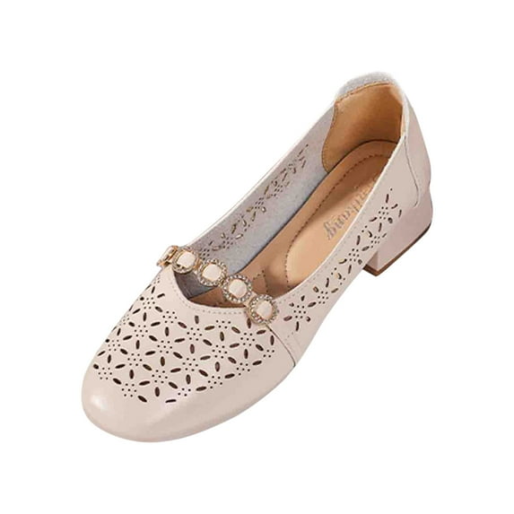Xfvqtps Loafers for Women Chunky Block Low Heels Slip on Rhinestone Strap Decor Close Toe Hollow out Soft Sole Comfortable Non Slip Walking Casual Shoes Beige