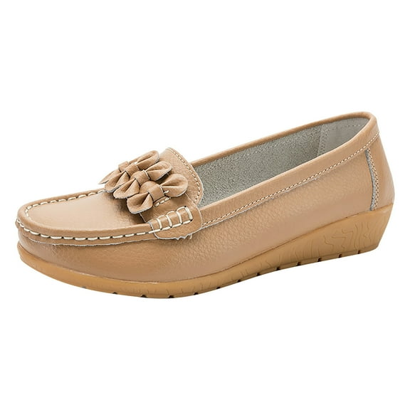 Xfvqtps Loafers for Women Micro Wedge Low Heel Slip on Bow Decor Close Toe Soft Sole Comfortable Non Slip Walking Casual Shoes Khaki