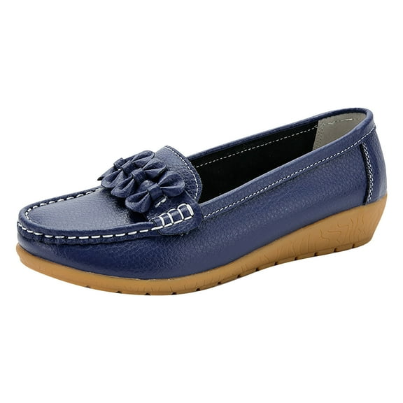 Xfvqtps Loafers for Women Micro Wedge Low Heel Slip on Bow Decor Close Toe Soft Sole Comfortable Non Slip Walking Casual Shoes Navy