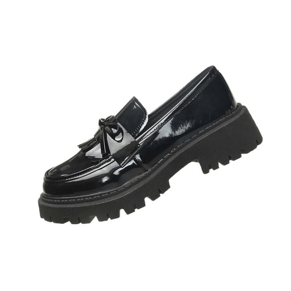 Xfvqtps Loafers for Women with Bow Tassel Thick Sole Glossy Surface Slip on Office Work Business School Dressy Casual Shoes