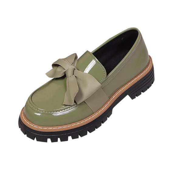 Xfvqtps Loafers for Women with Bow Thick Sole Patent Leather Slip on Office Work Business School Dressy Casual Shoes