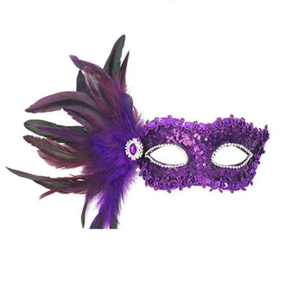 Xfvqtps Mardi Gras Mask for Women Masquerade Masks Half Face Feather Glitter Rhinestone Carnival Mask for Makeup Performance Ball Party Purple