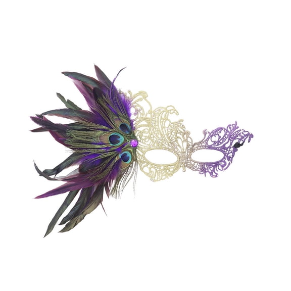 Xfvqtps Mardi Gras Mask for Women Masquerade Masks Half Face Feather Rhinestone Hollow out Carnival Mask for Makeup Performance Ball Party Purple