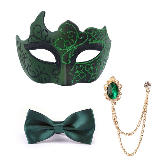 Xfvqtps Mask Bow Tie and Brooches Set for Men Carnival Holiday Party Half Face Masquerade Mask Rhinestone Suit Chain and Bowtie Set for Mardi Gras Party Green