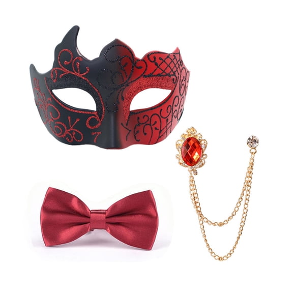Xfvqtps Mask Bow Tie and Brooches Set for Men Carnival Holiday Party Half Face Masquerade Mask Rhinestone Suit Chain and Bowtie Set for Mardi Gras Party Red