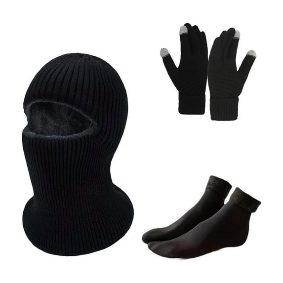 Xfvqtps Men Hat Gloves Socks Set with Plush Lined Balaclava Face Mask Hooded Hat Neck Warmer Touchscreen Knit Cozy Soft Stretchy Extended Winter Warm Set Black