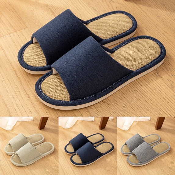 Xfvqtps Men House Slippers Linen Flax Insole Memory Foam Soft Sole Non Slip Slide Bedroom Indoor Slippers Blue