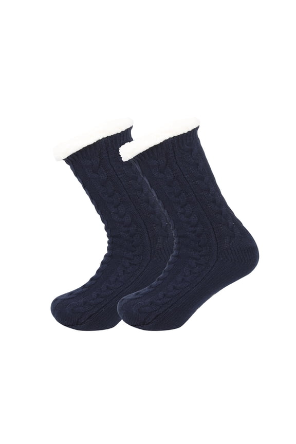 Men Knit Socks Plush Lined Extra Thick Winter Warm Solid Color Mid Tube Home Floor Socks Navy