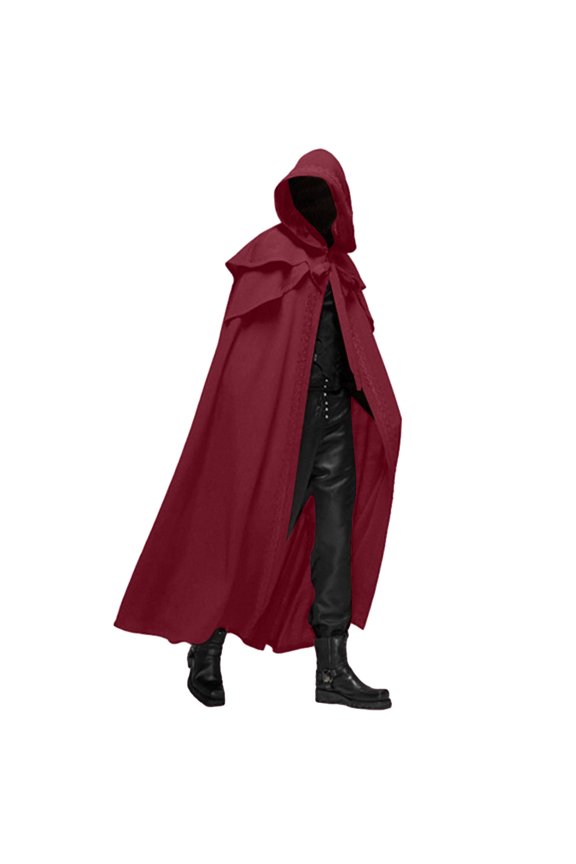 Men Long Patchwork Hooded Collar Strap Solid Color Casual Party Retro Masquerade Robe Gothic Cloak Stage Outfit Red