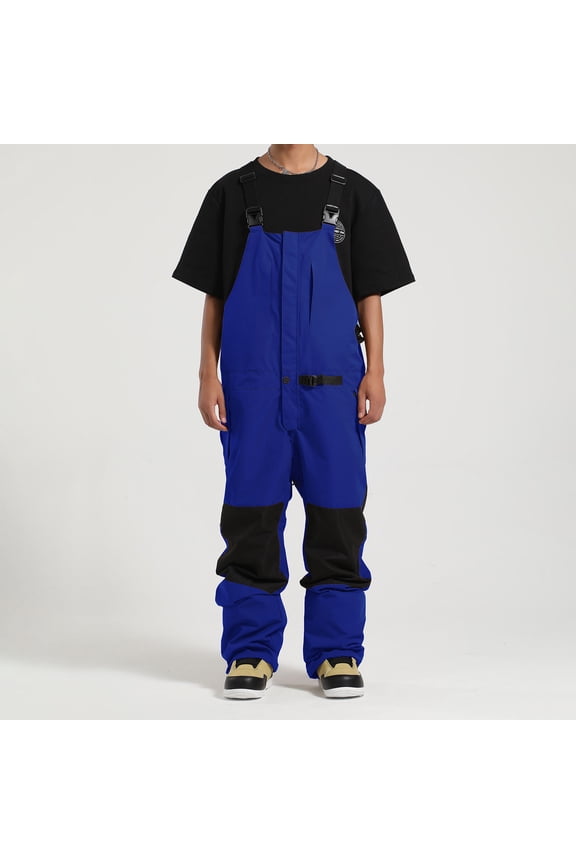 Men Snow Pants Ski Bibs Snowboarding Multiple Pockets Adjustable Straps Thermal Warm Waterproof Winter Overalls Blue