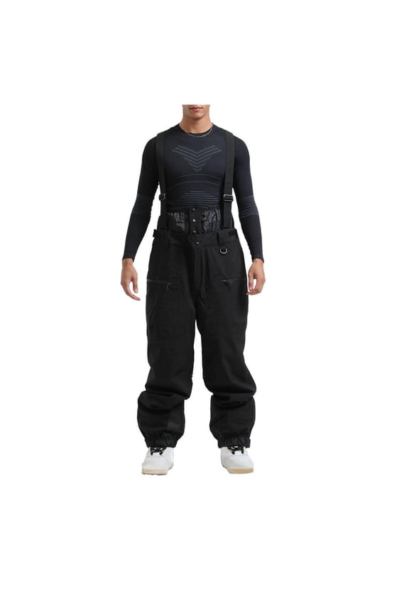 Men Snow Pants Ski Bibs Snowboarding Raise Waistband Elastic Trouser Leg Adjustable Straps Thermal Warm Waterproof Winter Overalls Black