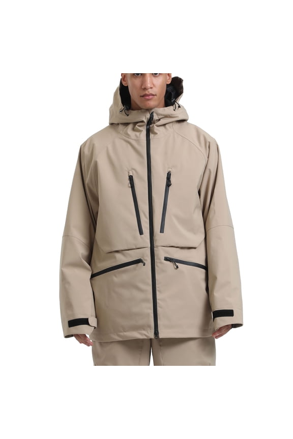 Men Snowboard Jacket Ski Coat Zipper Multiple Pockets Waterproof Snow Jackets Winter Hooded Mountain Coat Khaki