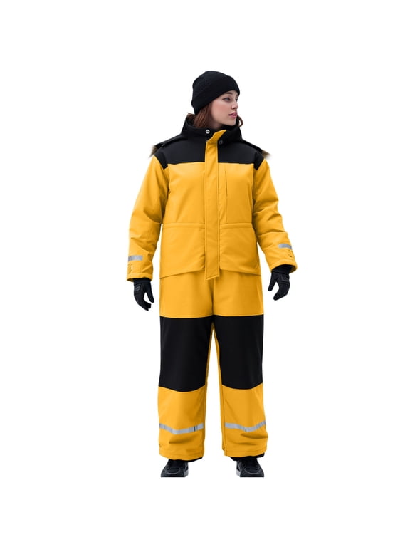 Men and Women One Piece Snowsuits Snowboarding Suit Reflective Strip Stand Collar Color Blocked Waterproof Windproof Outdoor Winter Warm Jumpsuits Yellow