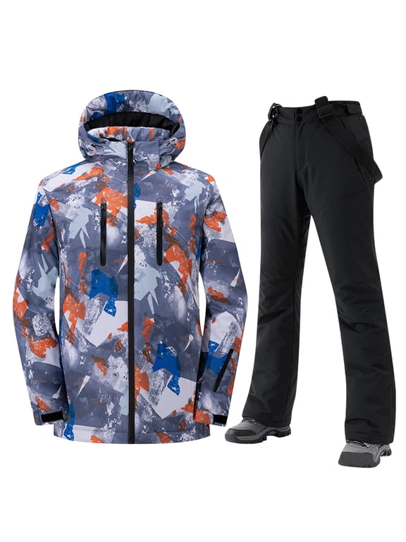 Men and Women Ski Jacket and Pant Set Color Printing Snowsuit Snowboarding Suit Hooded Coat and Overalls Waterproof Windproof Outdoor Winter Ski Suits Black