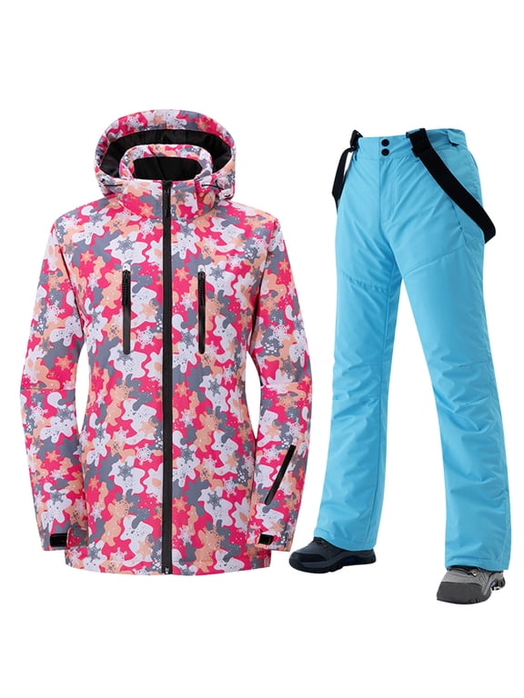 Men and Women Ski Jacket and Pant Set Snowboarding Snowsuit Zipper Hooded Multiple Pockets Coat Adjustable Overalls Waterproof Windproof Winter Ski Suits Blue