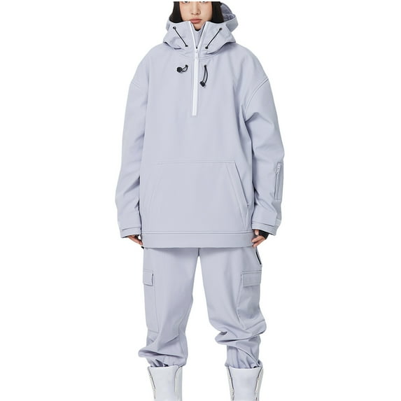 Xfvqtps Men and Women Ski Jacket and Pant Set Snowboarding Suit 1/2 Zipper Hooded Coat and Cargo Pants Solid Color Waterproof Windproof Winter Warm Snowsuits Purple