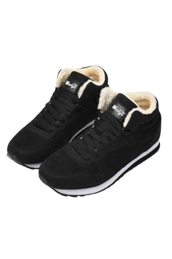 Men and Womens Warm Sneakers High Top Lamb Wool Plush Fleece Line Lace Up Lightweight Non Slip Winter Shoes Korean Cotton Shoes Snow Boots Black