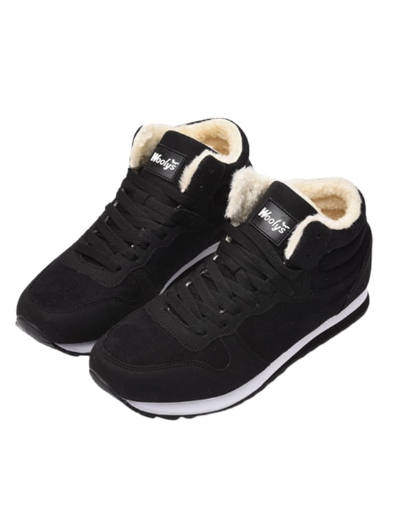 Men and Womens Warm Sneakers High Top Lamb Wool Plush Fleece Line Lace Up Lightweight Non Slip Winter Shoes Korean Cotton Shoes Snow Boots Black