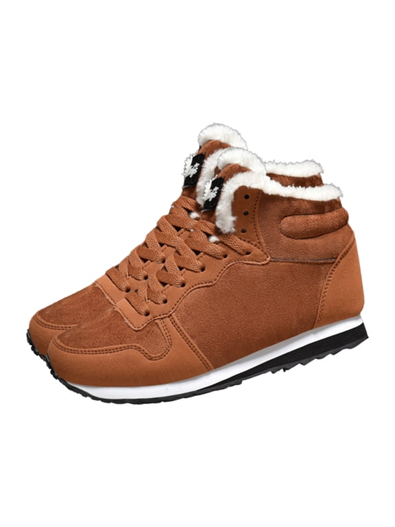Men and Womens Warm Sneakers High Top Lamb Wool Plush Fleece Line Lace Up Lightweight Non Slip Winter Shoes Korean Cotton Shoes Snow Boots Brown