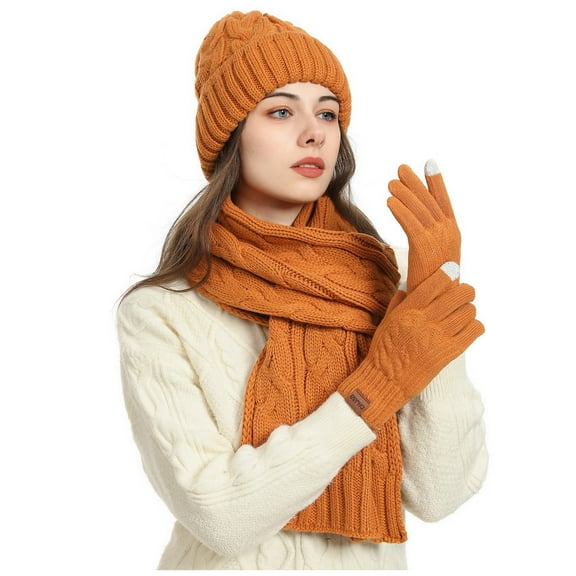 Xfvqtps Men and Women Hat Scarf Glove Set with Plush Lined Winter Warm Knit Stretchy Extended Beanie Neck Warmer Gloves Set Yellow