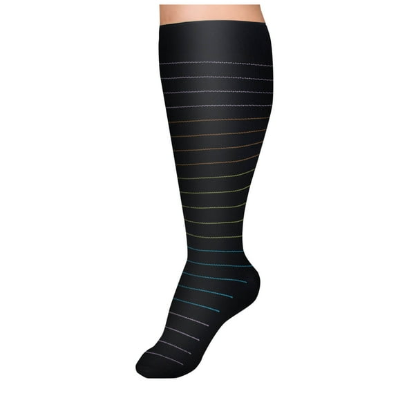 Xfvqtps Men and Women Plus Size Knee High Socks Wide Calf Stripe Elastic for Nursing Travel Running Black