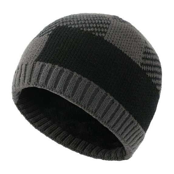 Xfvqtps Men and Women Skull Cap Knitting Crochet Vintage Fleece Lining Grid Printing Fashion Versatile Thickened Warm Winter Beanie Dark Gray