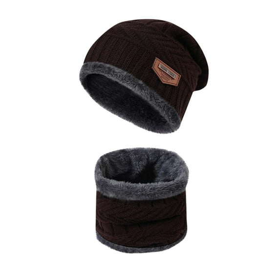 Xfvqtps Mens 2PCS Beanie Neck Scarf Set Knit Plush Lining Fashion Leather Label Solid Color Thickened Windproof Coldproof Warm Outdoor Winter Hat Scarf Set Coffee