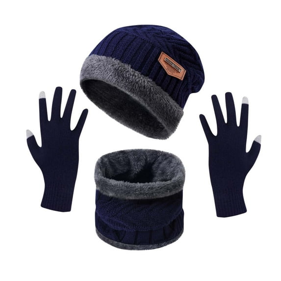 Xfvqtps Mens 3PCS Beanie Neck Scarf and Glove Set Knit Plush Lining Fashion Leather Label Solid Color Thickened Windproof Coldproof Warm Outdoor Winter Hat Scarf and Glove Set Navy