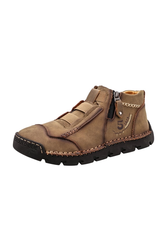 Mens Ankle Boots British Large High Top Side Zipper Fashion Outdoor Cowhide Driving Shoes Leather Shoes Trendy Large Size Breathable Driving Shoes Khaki