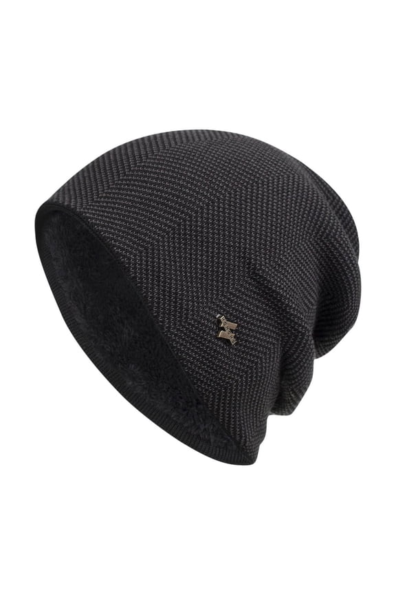 Mens Beanie Hat Knit Fleece Lined Solid Color Simplicity Thickened Stretch Windproof Coldproof Warm Soft Outdoor Winter Skull Cap Black